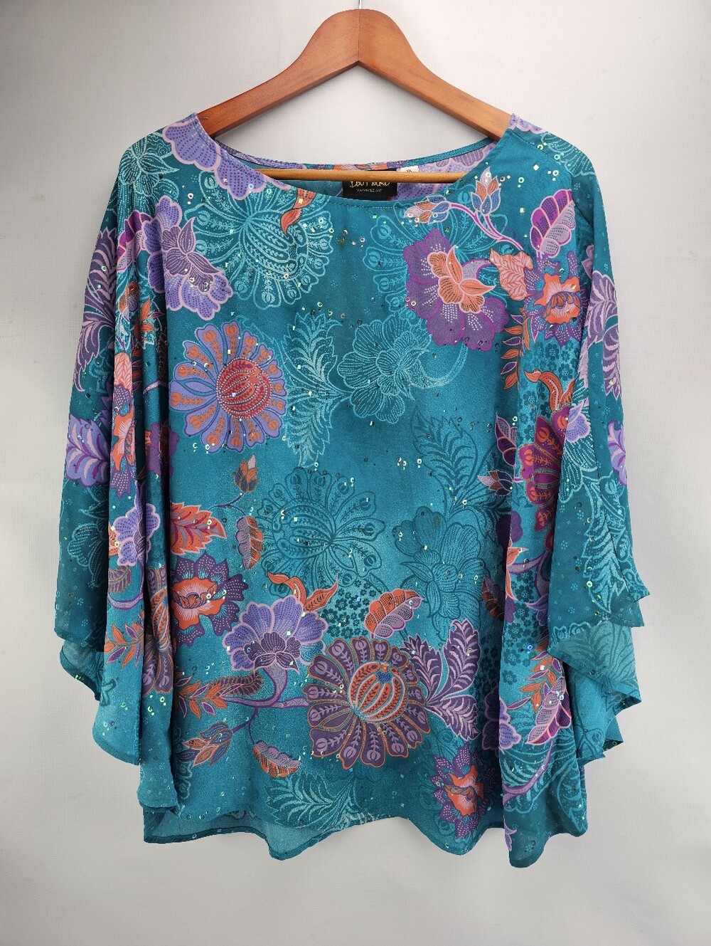 Bob Mackie Wearable Art Teal Short-Sleeve Poncho Blouse Women's Size XL